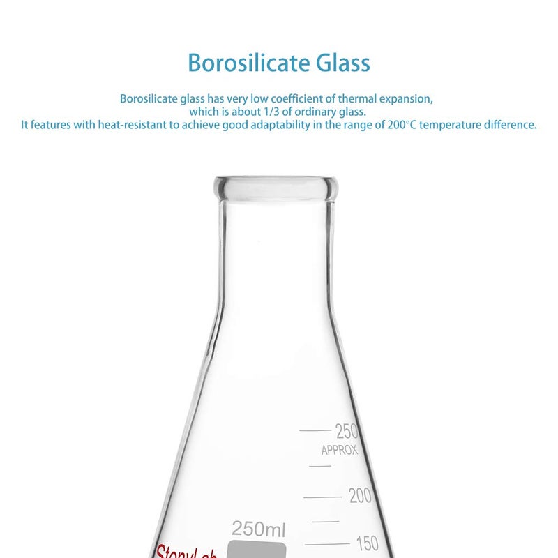 stonylab 1-Pack Glass 250 ml Heavy Wall Narrow Mouth Erlenmeyer Flasks with Heavy Duty Rim - (250ml Fits with 7# Rubber Stopper) - Image 3